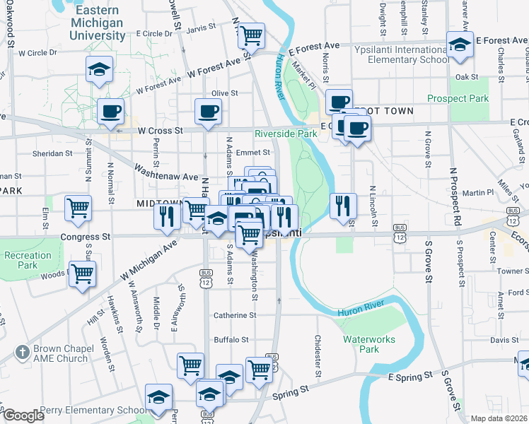 map of restaurants, bars, coffee shops, grocery stores, and more near 10 North Washington Street in Ypsilanti
