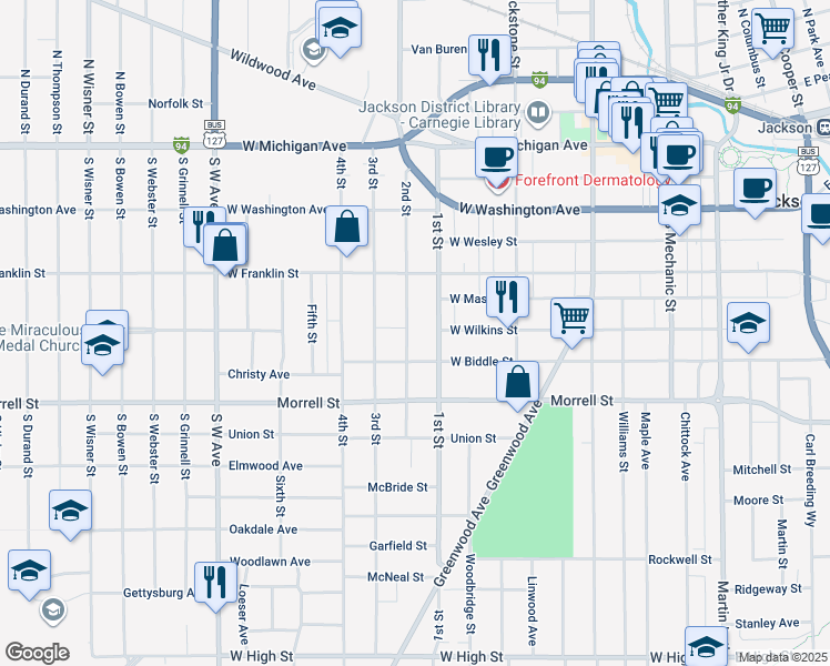 map of restaurants, bars, coffee shops, grocery stores, and more near 703 2nd Street in Jackson