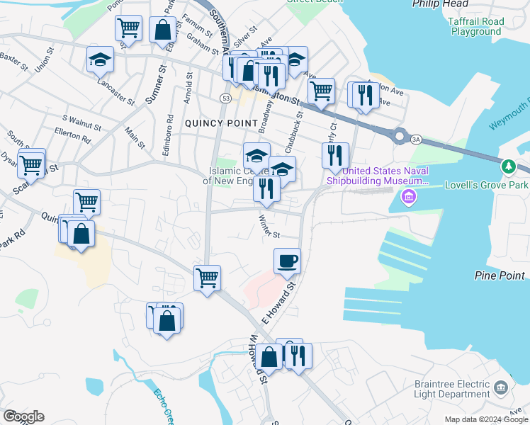 map of restaurants, bars, coffee shops, grocery stores, and more near 10 Winter Street in Quincy