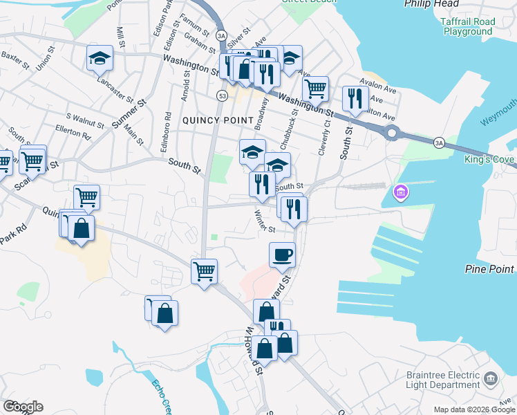 map of restaurants, bars, coffee shops, grocery stores, and more near 10 Winter Street in Quincy