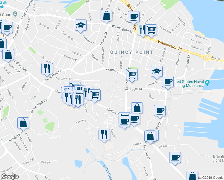 map of restaurants, bars, coffee shops, grocery stores, and more near 1047 Southern Artery in Quincy