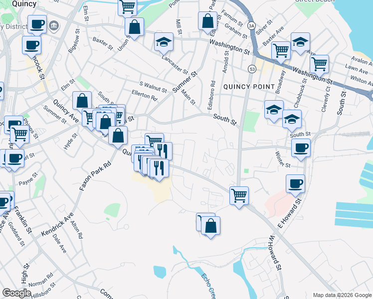 map of restaurants, bars, coffee shops, grocery stores, and more near 14 Charlesmount Avenue in Quincy