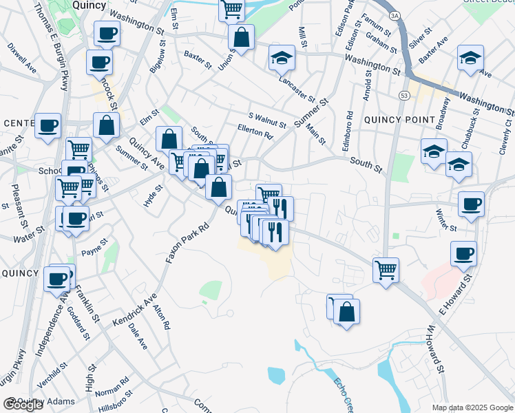 map of restaurants, bars, coffee shops, grocery stores, and more near in Quincy