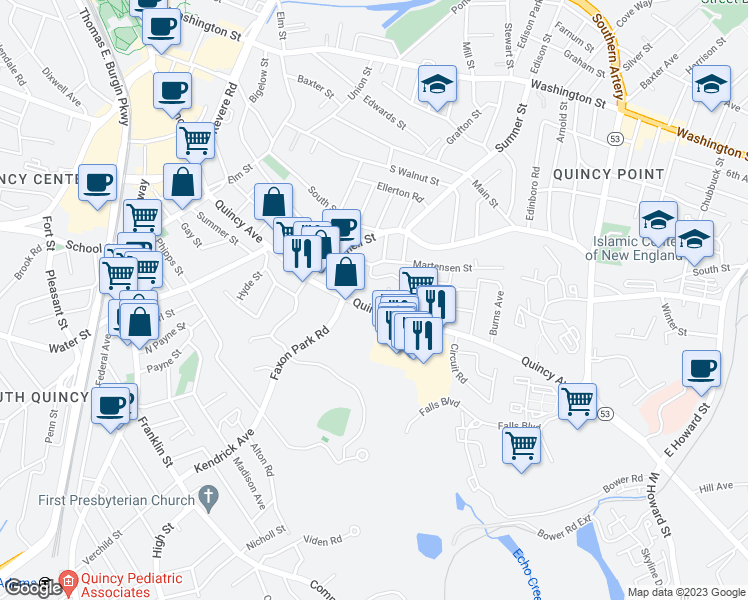 map of restaurants, bars, coffee shops, grocery stores, and more near 183 Quincy Avenue in Quincy