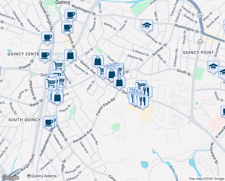 map of restaurants, bars, coffee shops, grocery stores, and more near 1250 Hancock Street in Quincy