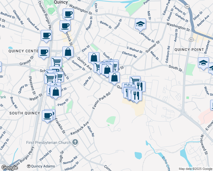 map of restaurants, bars, coffee shops, grocery stores, and more near 21 Faxon Park Road in Quincy
