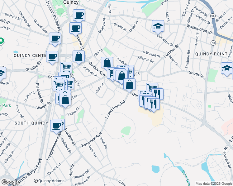 map of restaurants, bars, coffee shops, grocery stores, and more near 74 Faxon Lane in Quincy