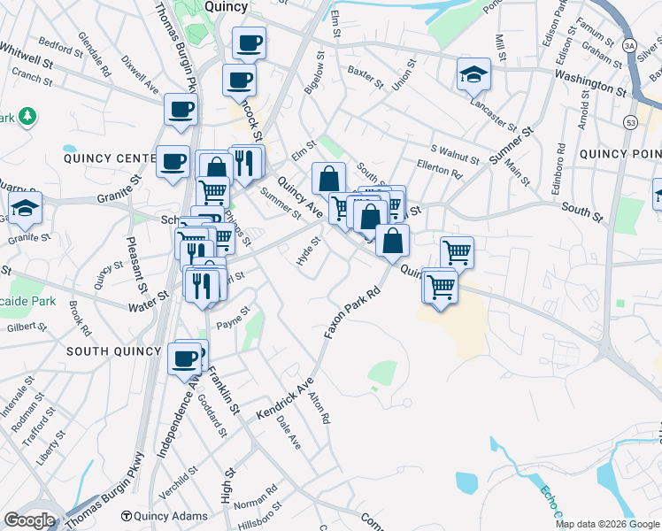 map of restaurants, bars, coffee shops, grocery stores, and more near 38 Hardwick Road in Quincy