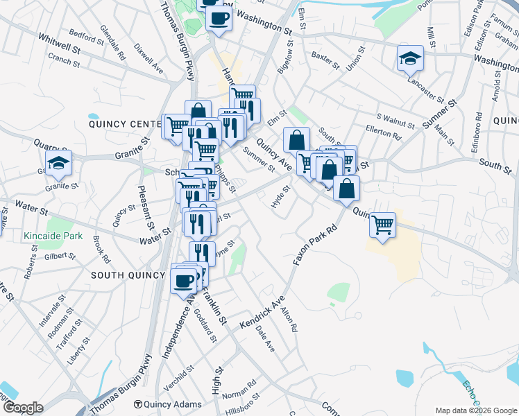 map of restaurants, bars, coffee shops, grocery stores, and more near 100 Phipps Street in Quincy