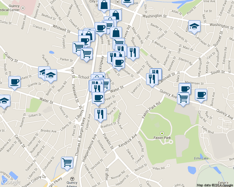 map of restaurants, bars, coffee shops, grocery stores, and more near 13 Payne Street in Quincy