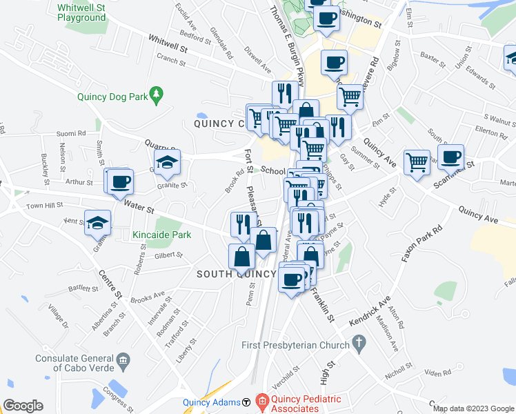 map of restaurants, bars, coffee shops, grocery stores, and more near 36 Jackson Street in Quincy