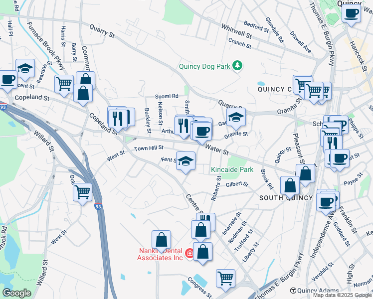map of restaurants, bars, coffee shops, grocery stores, and more near 2 Town Hill Street in Quincy