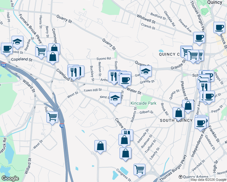 map of restaurants, bars, coffee shops, grocery stores, and more near 2 Town Hill Street in Quincy