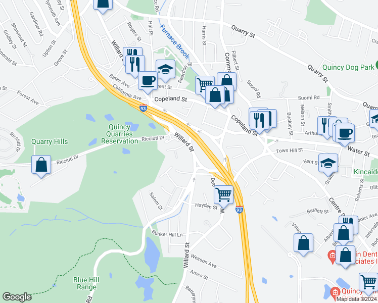 map of restaurants, bars, coffee shops, grocery stores, and more near 459 Willard Street in Quincy