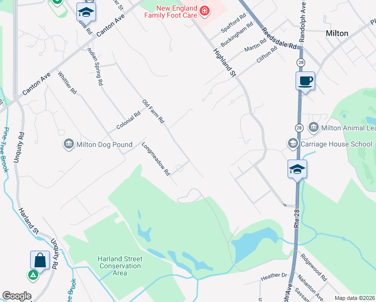 map of restaurants, bars, coffee shops, grocery stores, and more near 241 Old Farm Road in Milton