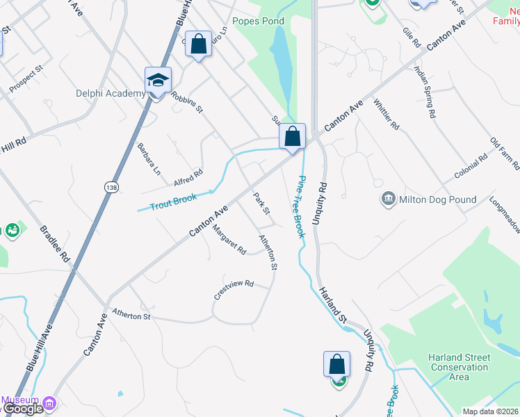 map of restaurants, bars, coffee shops, grocery stores, and more near 40 Mingo Street in Milton