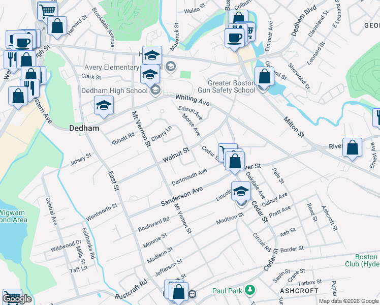 map of restaurants, bars, coffee shops, grocery stores, and more near 39 Norwell Road in Dedham