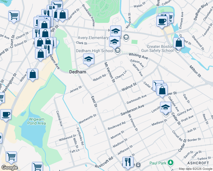map of restaurants, bars, coffee shops, grocery stores, and more near 277 Walnut Street in Dedham