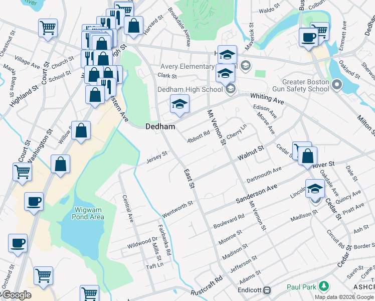 map of restaurants, bars, coffee shops, grocery stores, and more near 3 Puritan Lane in Dedham
