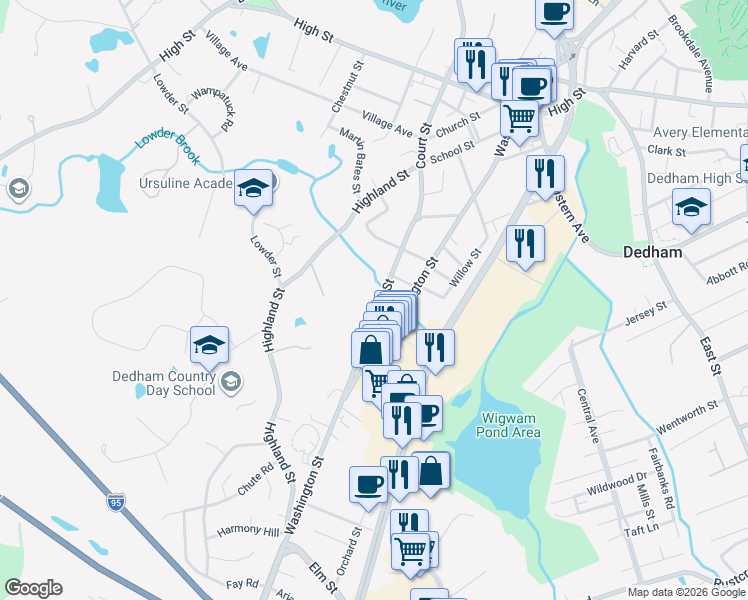 map of restaurants, bars, coffee shops, grocery stores, and more near 206 Court Street in Dedham