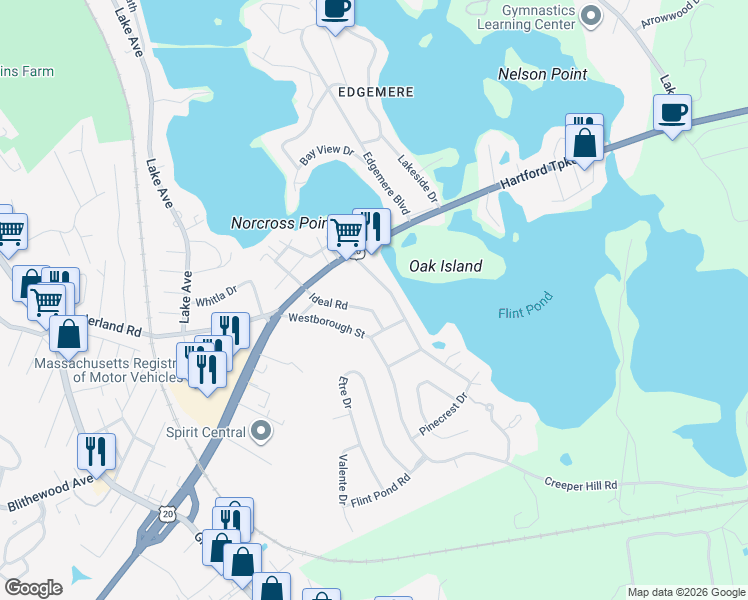 map of restaurants, bars, coffee shops, grocery stores, and more near 48 Ideal Road in Worcester
