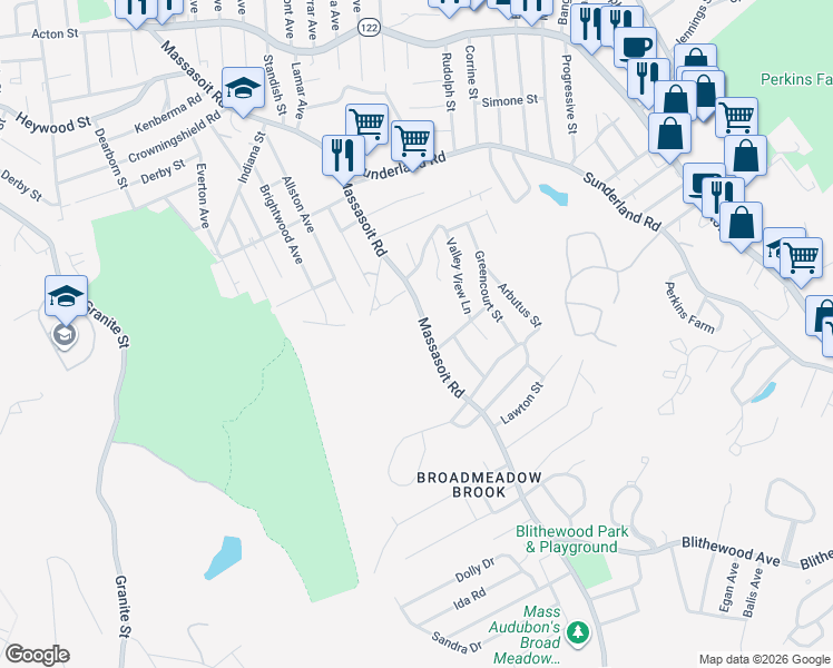 map of restaurants, bars, coffee shops, grocery stores, and more near 234 Massasoit Road in Worcester