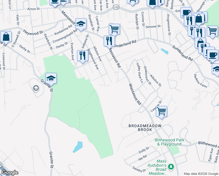 map of restaurants, bars, coffee shops, grocery stores, and more near 212 Massasoit Road in Worcester