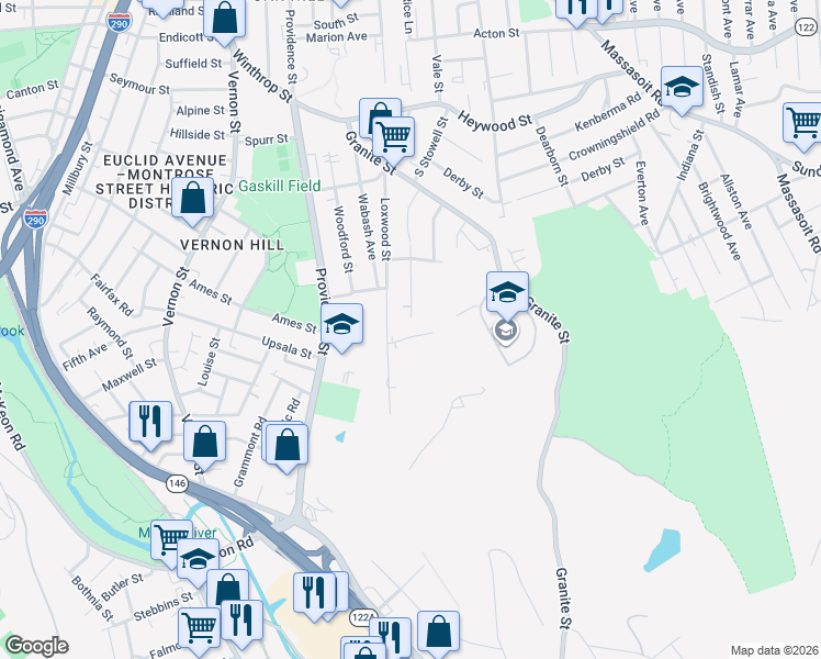 map of restaurants, bars, coffee shops, grocery stores, and more near 2 Bolton Street in Worcester