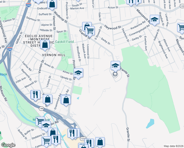 map of restaurants, bars, coffee shops, grocery stores, and more near 2 Bolton Street in Worcester