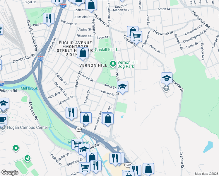 map of restaurants, bars, coffee shops, grocery stores, and more near 66 Upsala Street in Worcester