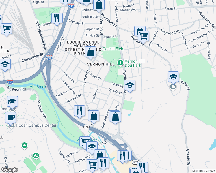 map of restaurants, bars, coffee shops, grocery stores, and more near 8 Lund Street in Worcester