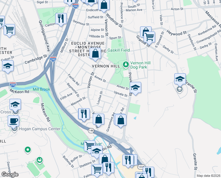 map of restaurants, bars, coffee shops, grocery stores, and more near 8 Lund Street in Worcester
