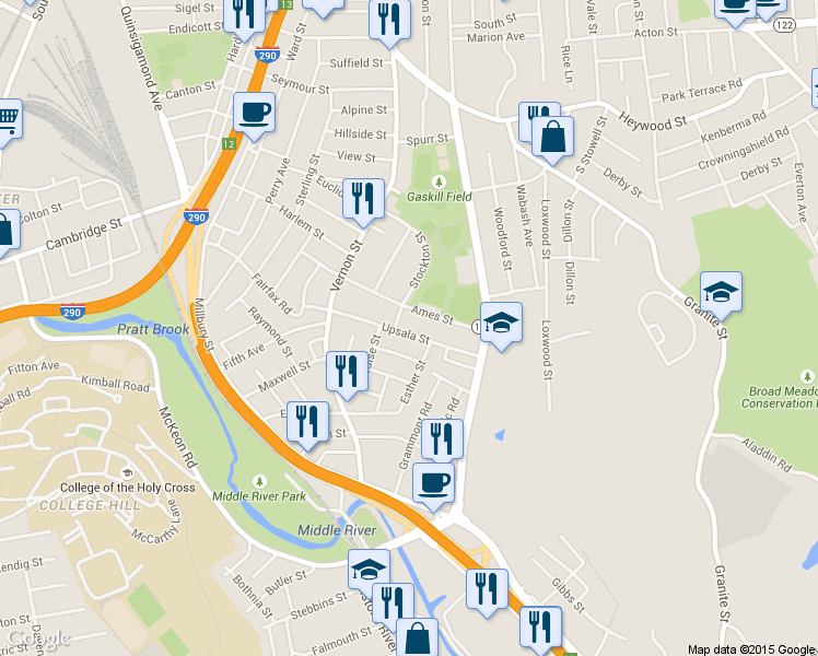 map of restaurants, bars, coffee shops, grocery stores, and more near 8 Lund Street in Worcester