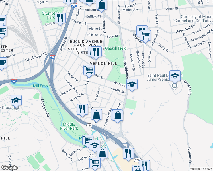map of restaurants, bars, coffee shops, grocery stores, and more near 8 Lund Street in Worcester
