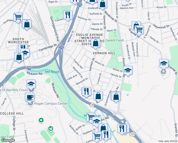 map of restaurants, bars, coffee shops, grocery stores, and more near 196 Vernon Street in Worcester