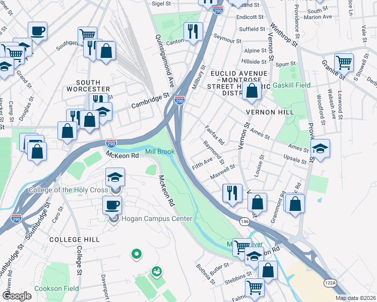 map of restaurants, bars, coffee shops, grocery stores, and more near 544 Millbury Street in Worcester