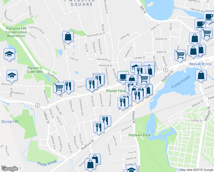 map of restaurants, bars, coffee shops, grocery stores, and more near 1 Blaine Avenue in Worcester