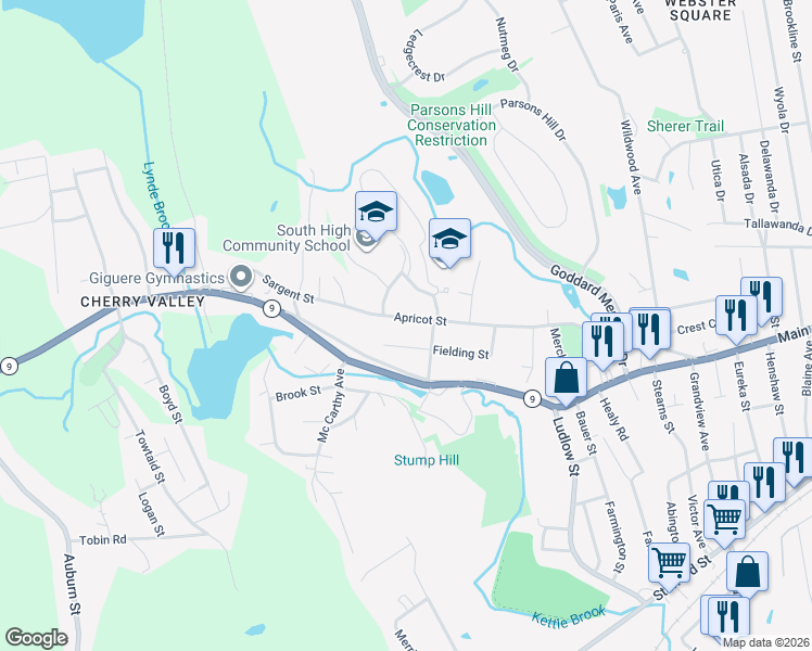 map of restaurants, bars, coffee shops, grocery stores, and more near 73 Fielding Street in Worcester
