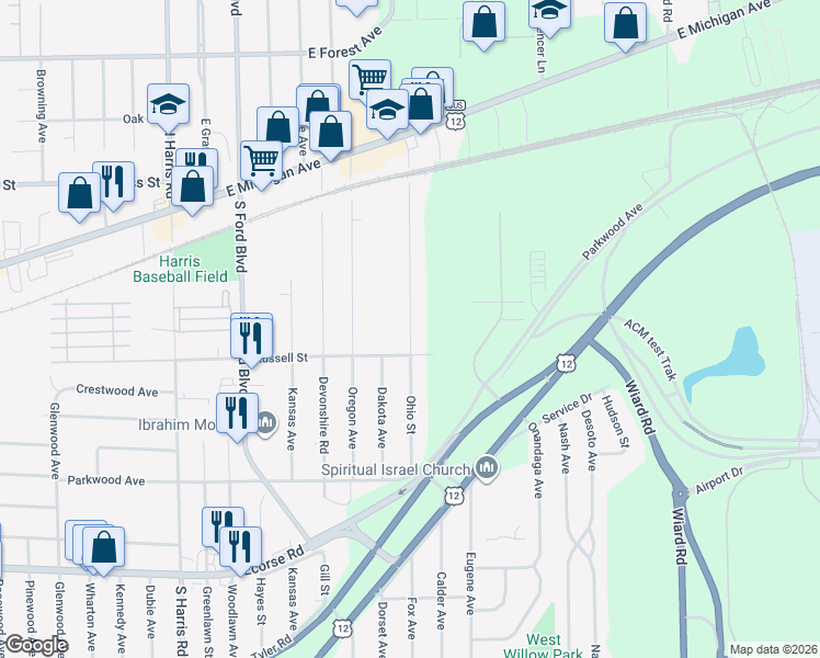 map of restaurants, bars, coffee shops, grocery stores, and more near 158 Ohio Street in Ypsilanti