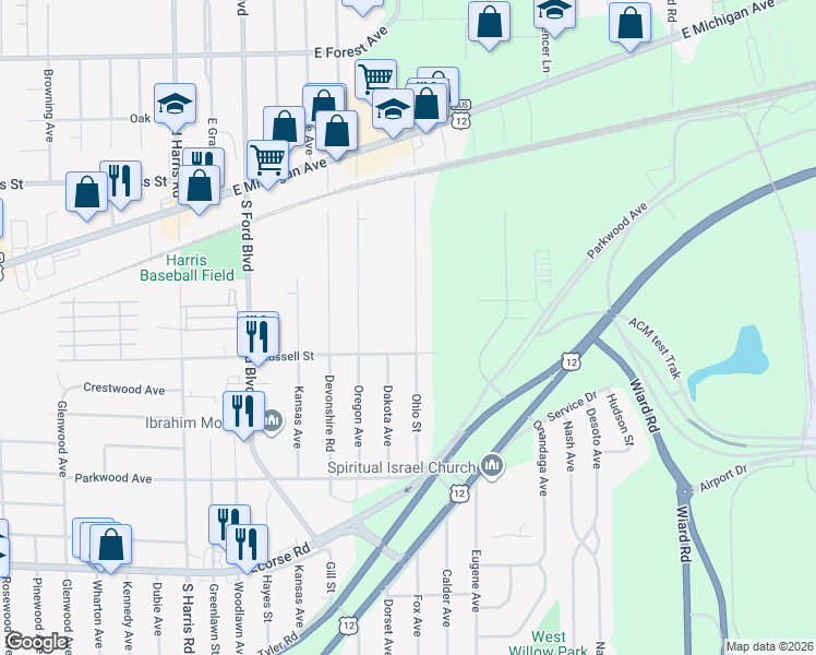 map of restaurants, bars, coffee shops, grocery stores, and more near 158 Ohio Street in Ypsilanti