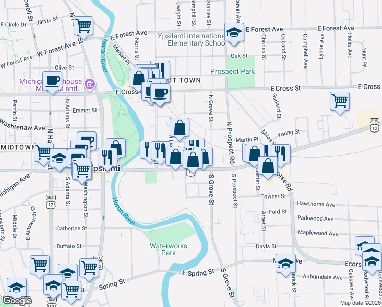 map of restaurants, bars, coffee shops, grocery stores, and more near 309 East Michigan Avenue in Ypsilanti