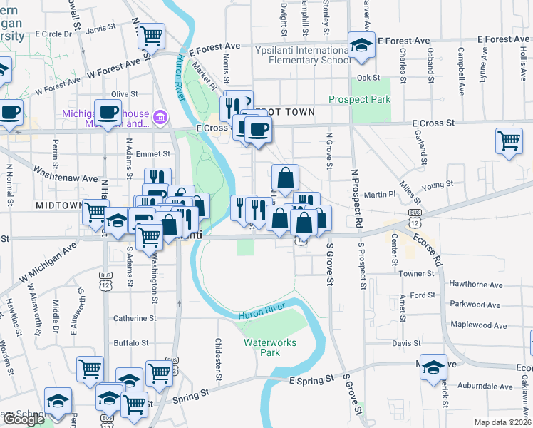 map of restaurants, bars, coffee shops, grocery stores, and more near 8 North River Street in Ypsilanti