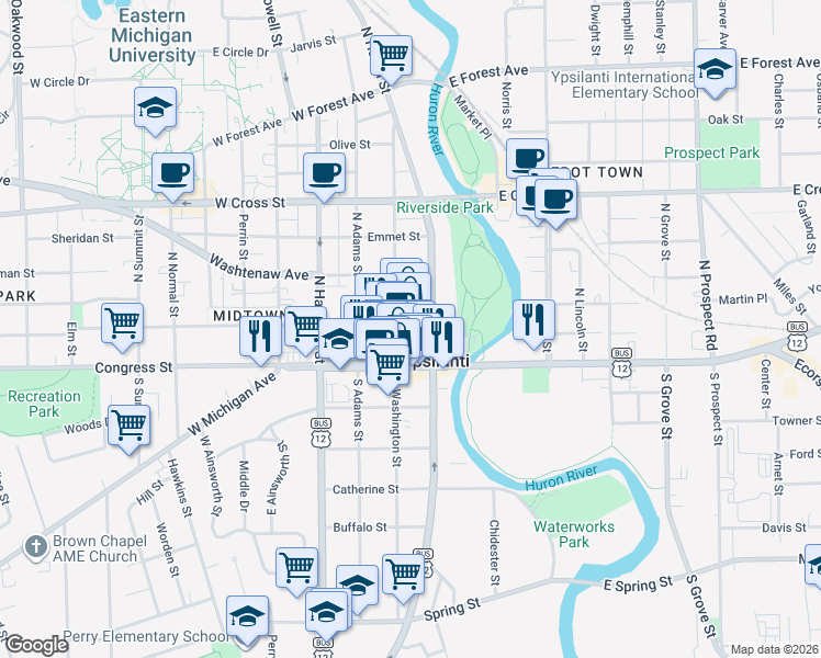 map of restaurants, bars, coffee shops, grocery stores, and more near 10 North Washington Street in Ypsilanti