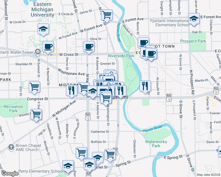 map of restaurants, bars, coffee shops, grocery stores, and more near 10 North Washington Street in Ypsilanti