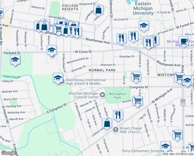 map of restaurants, bars, coffee shops, grocery stores, and more near 1117 Pearl Street in Ypsilanti