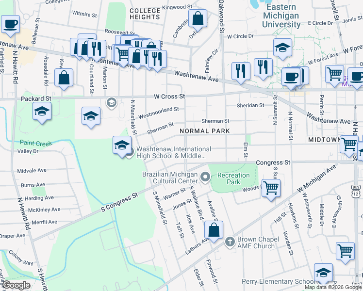 map of restaurants, bars, coffee shops, grocery stores, and more near 14 North Wallace Boulevard in Ypsilanti