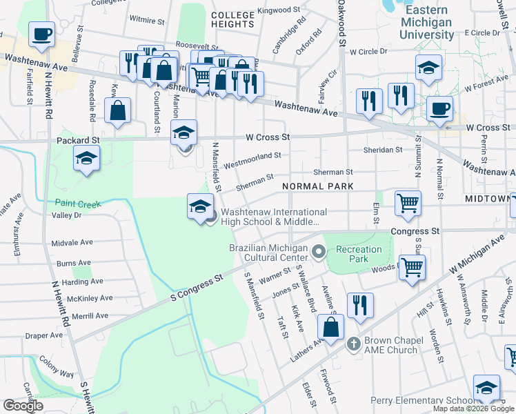 map of restaurants, bars, coffee shops, grocery stores, and more near 1211 Pearl Street in Ypsilanti