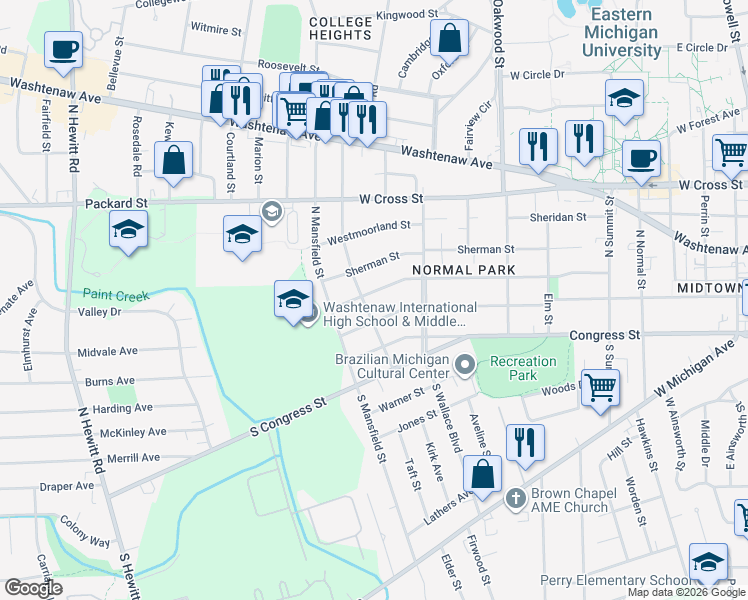 map of restaurants, bars, coffee shops, grocery stores, and more near 1211 Pearl Street in Ypsilanti