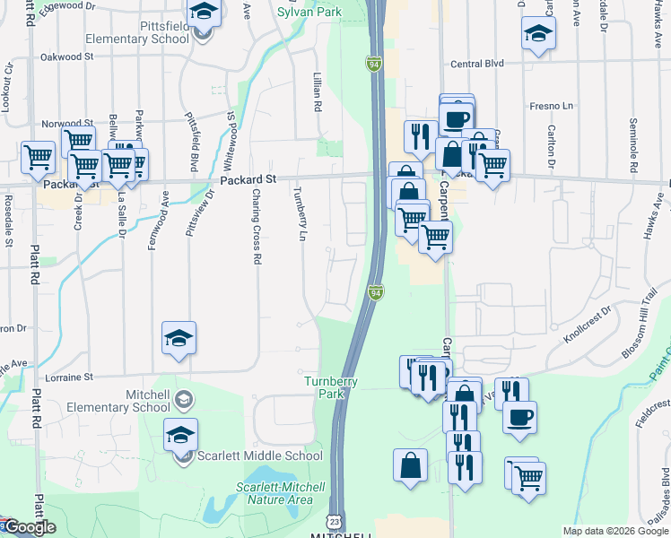 map of restaurants, bars, coffee shops, grocery stores, and more near 3084 Village Circle in Ann Arbor