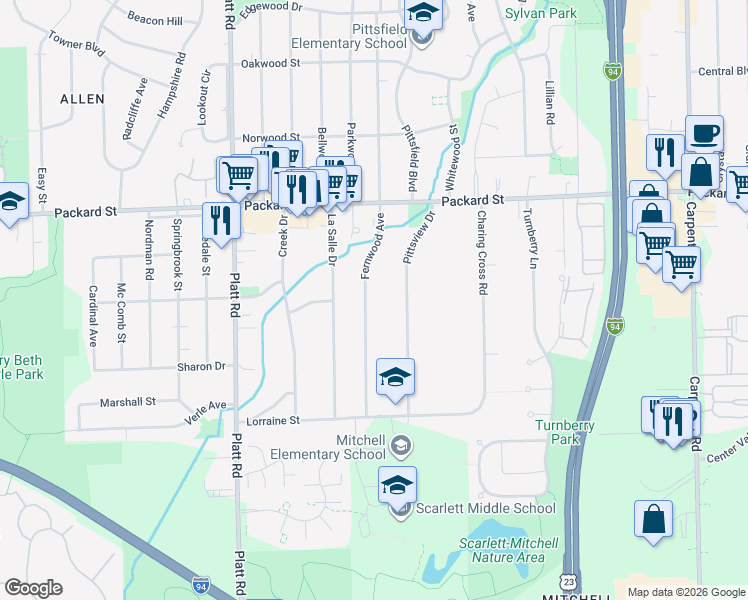 map of restaurants, bars, coffee shops, grocery stores, and more near 3245 Fernwood Avenue in Ann Arbor